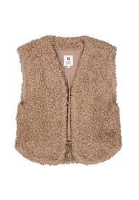 Bruine krullige faux shearling mouwloze vest met een gladde binnenvoering, open voorkant en een klein merkembleem bij de halslijn.