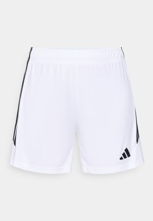 White athletic shorts with an elastic waistband, featuring black accent stripes on the sides and a small black logo on the hem.