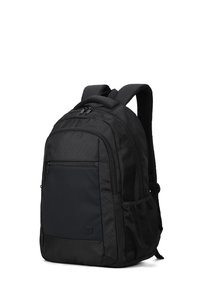 Zaino in tessuto nero con compartimenti con cerniera, spallacci imbottiti, tasche laterali in rete e un pannello frontale liscio per un tocco di stile in più.