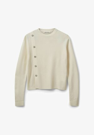 Kremowy sweter z długimi rękawami, okrągłym dekoltem, detalami z guzikami po bokach i prążkowanymi mankietami. Wykonany z miękkiego materiału, z srebrnymi guzikami.