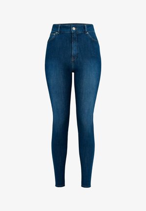 Hoog getailleerde, slim-fit jeans van donkerblauwe denim, met een knoopsluiting, lussen voor de riem en vier zakken. Effen structuur, klassiek ontwerp.