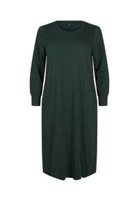 Dunkelgrünes Kleid aus weichem Stoff, mit rundem Ausschnitt und langen Ärmeln, geradem Schnitt und seitlichen Schlitzen für mehr Bewegungsfreiheit.