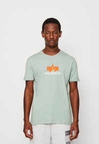 Šviesiai žalia medvilninė marškinėliai su oranžiniu „ALPHA INDUSTRIES“ logotipu ir grafikos akcentais. Apvalus kaklas, standartinė apdirbimo forma, trumpi rankoviai.