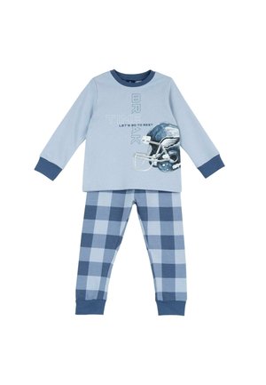 Haut enfant bleu clair à manches longues avec le texte "Break Time" et un motif casque de football, accompagné d'un pantalon de pyjama à carreaux bleus.