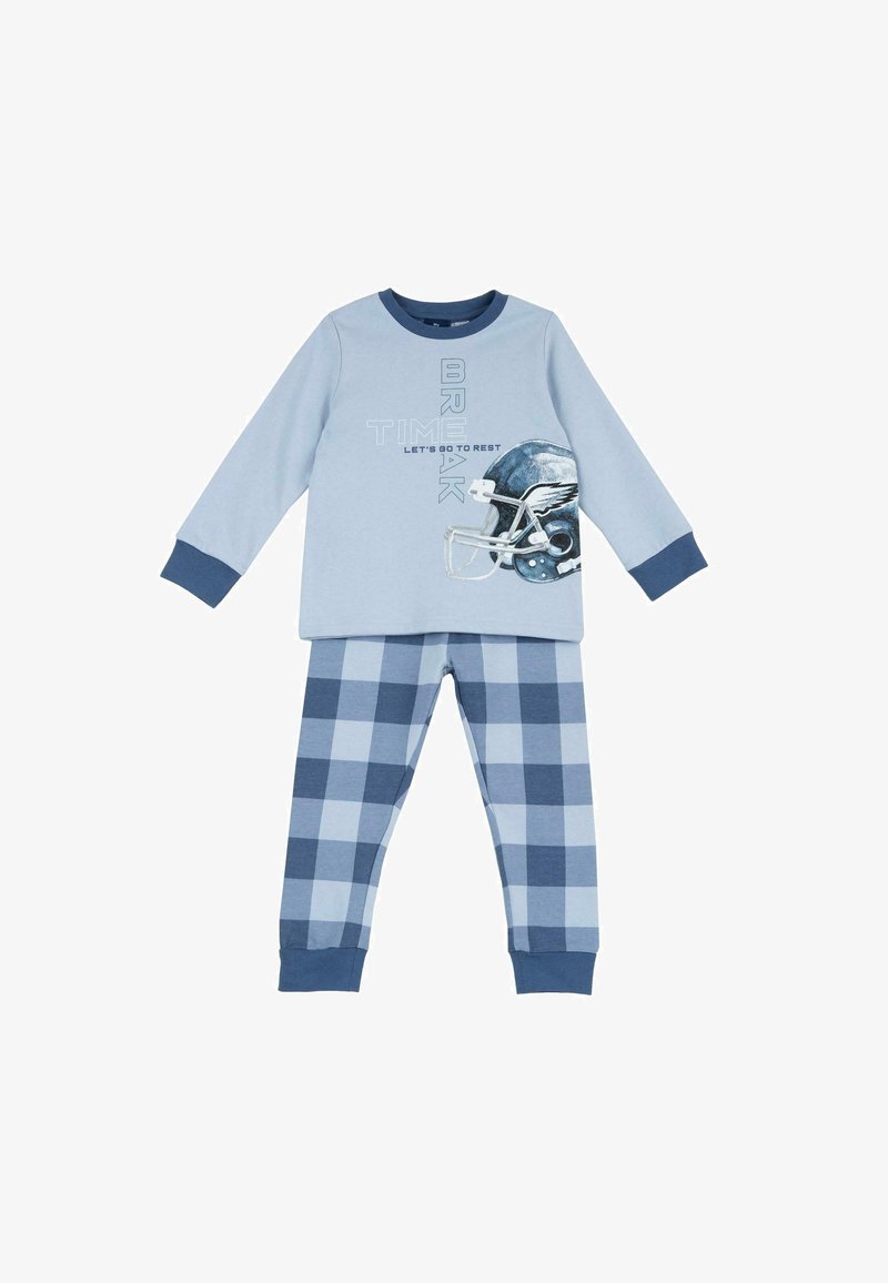 Haut enfant bleu clair à manches longues avec le texte "Break Time" et un motif casque de football, accompagné d'un pantalon de pyjama à carreaux bleus.