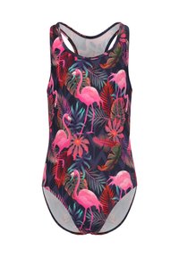 Maillot de bain avec un fond marine présentant un motif vibrant de flamants roses et de feuilles tropicales, fabriqué en tissu extensible avec une coupe sportive.