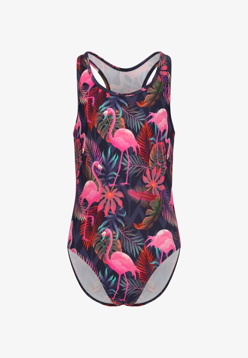 Badedragt med en marineblå baggrund prydet med et levende pink flamingo- og tropisk bladbillede, lavet af strækbart stof med en sportlig pasform.