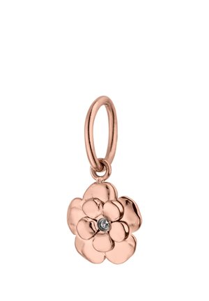 Roségoldener Anhänger in Blumenform mit glatten Blütenblättern und einem kleinen zentralen Diamanten, befestigt an einer polierten ovalen Schlaufe.