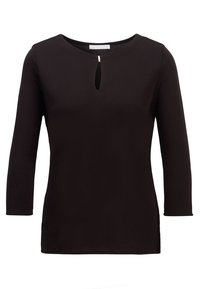 Czarna bluzka z długim rękawem, z okrągłym dekoltem i detalem w kształcie dziurki z przodu. Wykonana z gładkiego, elastycznego materiału, zapewniającego komfort noszenia.