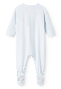 Lys blå baby romper laget av myk stoff, med lange raglan-ermer, elastiske mansjetter og lukkede føtter. Ingen mønstre eller aksenter.