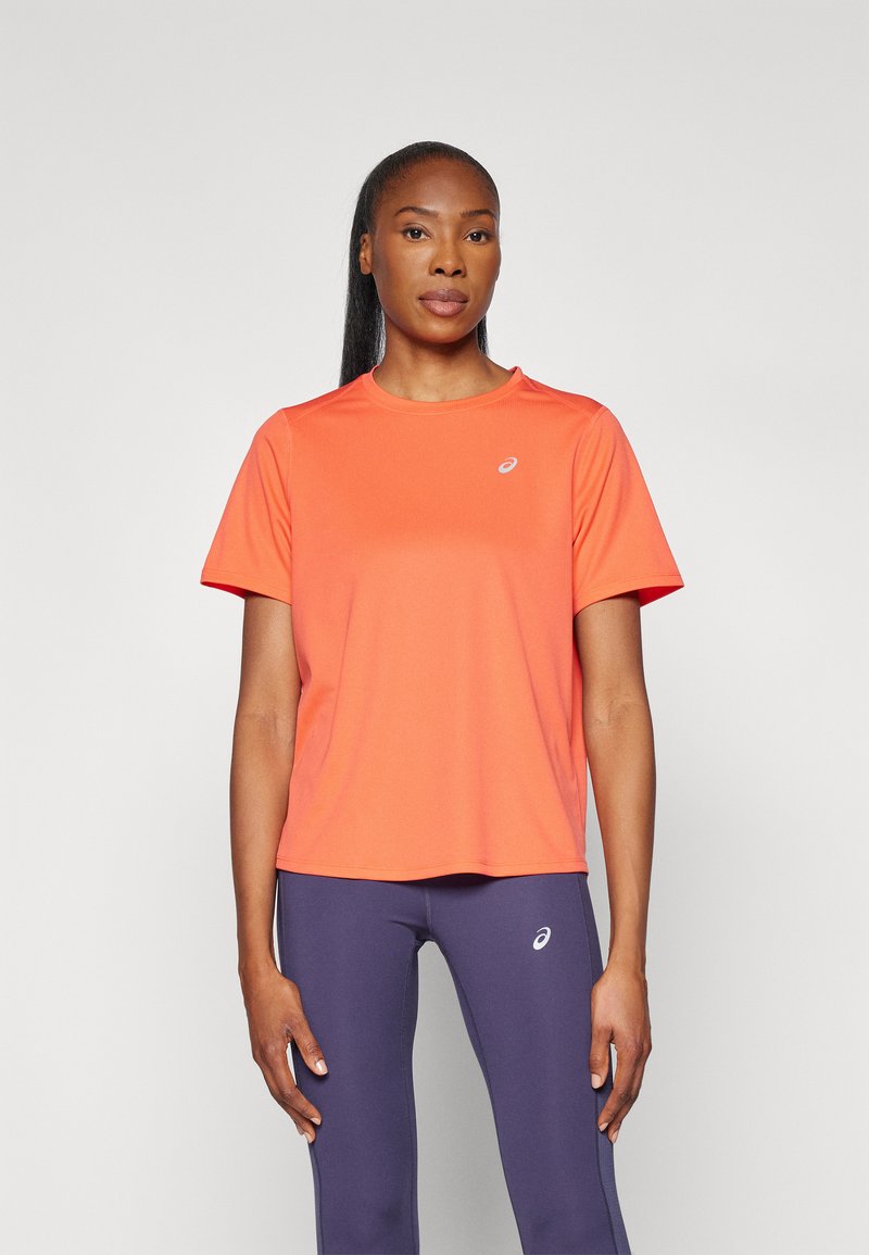 Short-sleeve, bright orange athletic t-shirt made of lightweight fabric, featuring a round neckline and a small white logo on the front.