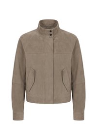 Veste en daim taupe avec col montant, fermeture à boutons sur le devant, deux poches avant inclinées et manches longues.