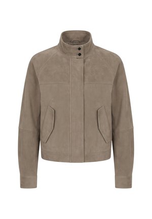 Taupe Wildlederjacke mit hohem Stehkragen, vorderer Knopfleiste, zwei schrägen Vordertaschen und langen Ärmeln.