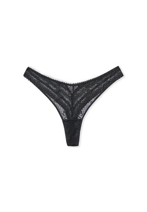 Zwarte kant thong met delicate bloemenpatronen, een golvende tailleband en een semi-doorzichtige textuur, die minimale bedekking biedt en een slank ontwerp heeft.