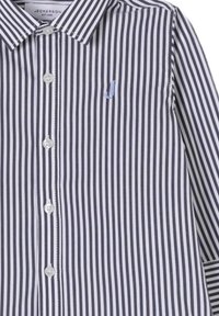 Camicia a righe blu scuro e bianco, con colletto, maniche lunghe e un piccolo logo ricamato sul petto.