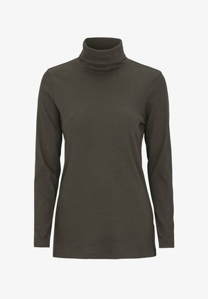 Donkergroene coltrui met lange mouwen, gemaakt van ribgebreide stof. Heeft een hoge kraag en een relaxte pasvorm.