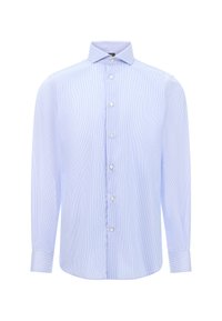 Šviesiai mėlynas ilgomis rankovėmis marškinys su plonomis baltomis juostelėmis, mygtukų apačioje, priekinėje dalyje su mygtukais, ir rankogalių uždarymas su mygtukais.