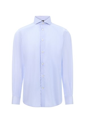 Chemise bleue claire à manches longues avec de fines rayures blanches, col boutonné, patte de boutonnage à l'avant et poignets avec fermeture à bouton.