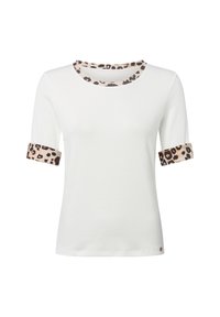 Weißes Kurzarm-T-Shirt mit rundem Leopardenmuster-Kragen und passendem Ärmelabschluss. Weiches Material mit taillierter Form und dezenter Markenkennzeichnung.