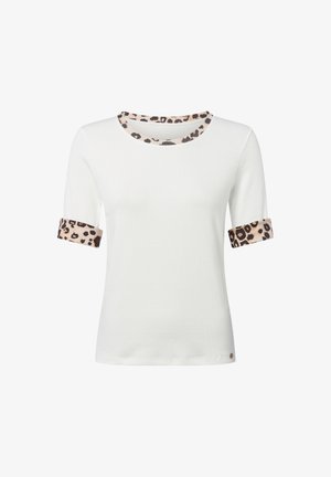 Weißes Kurzarm-T-Shirt mit rundem Leopardenmuster-Kragen und passendem Ärmelabschluss. Weiches Material mit taillierter Form und dezenter Markenkennzeichnung.