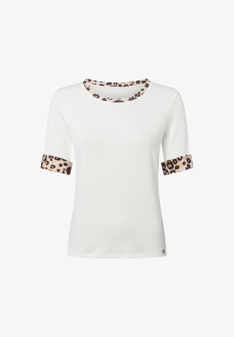 Biała koszulka z krótkim rękawem z okrągłym kołnierzykiem w leoparda i dopasowanymi mankietami. Miękki materiał o dopasowanym kroju i subtelnym logo.