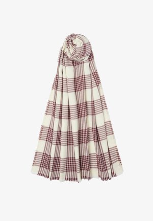 Sciarpa a quadri in crema e bordeaux, realizzata in morbido tessuto. Presenta un bordo frangiato, un design arrotolato e un motivo a scacchi ben evidente.