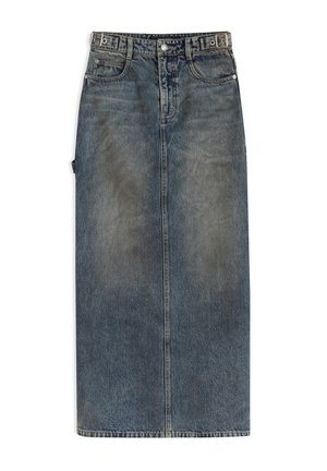 Denim-Maxikleid in mittlerer Waschung mit gerader Schnittführung, verblichenem Muster, Fünf-Taschen-Design, Gürtelschlaufen und Knopfverschluss.