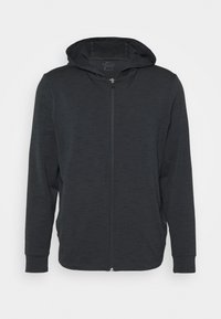 Sudadera con cremallera en gris oscuro, con capucha, hecha de un tejido texturizado, que presenta mangas largas y un corte recto. Sin logotipos ni marcas visibles.
