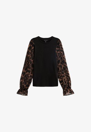 Haut noir avec de longues manches bouffantes à imprimé léopard. Tissu doux avec un col rond et des poignets élastiqués. Détail en forme de clé à l'arrière.