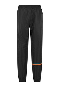Pantalones de chándal negros con una cintura elástica; presentan una franja azul y naranja cerca de la parte inferior de cada pierna; material suave y ligero.