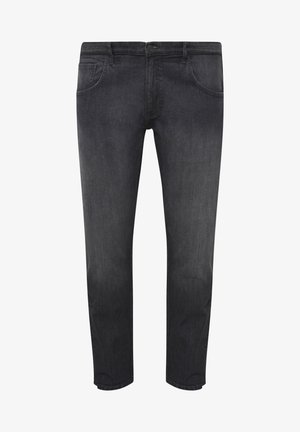 Jean en denim noir avec une coupe droite, comprenant cinq poches, une fermeture éclair et un léger dégradé pour ajouter de la texture.