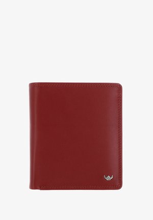 Portafoglio bifold in pelle marrone liscia con cuciture visibili e un piccolo logo argentato con ali nell'angolo in basso a destra.