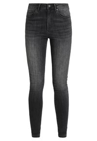 Vaqueros skinnys negros de denim, con cintura alta, cinco bolsillos y sutiles patrones de desgaste en la parte delantera y trasera.