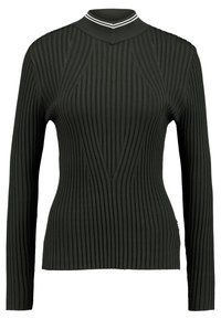 Czarny prążkowany sweter z długim rękawem, dopasowany w talii i z wysokim kołnierzem, z białymi podwójnymi paskami.