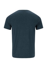 Mörkblå kortärmad t-shirt med rund halsringning, sedd bakifrån mot en enfärgad vit bakgrund.