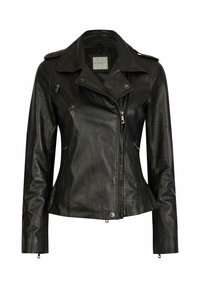 Schwarze Leder-Bikerjacke mit silbernen Reißverschlüssen, Druckknopfkragen und taillierter Passform. Mit asymmetrischem Frontreißverschluss und seitlichen Taschen.