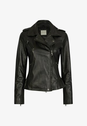 Melnas ādas motociklu jakas ar sudraba rāvējslēdzējiem, snap apkakli un pieguļošu dizainu. Ievērojama asimetriska priekšējā rāvējslēdzējs un sānu kabatas.