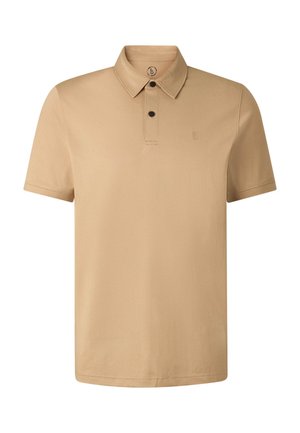 Beige short-sleeve polo shirt with two black buttons and subtle embroidered "B" logo on left chest, displayed on white background.
