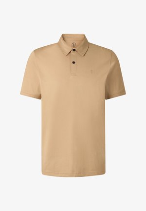 Beige short-sleeve polo shirt with two black buttons and subtle embroidered "B" logo on left chest, displayed on white background.