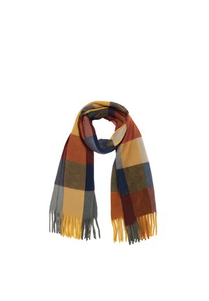 Checkered wool scarf in mustard yellow, navy blue, burnt orange, gray, and cream with fringe ends, arranged in loose loop on white background.