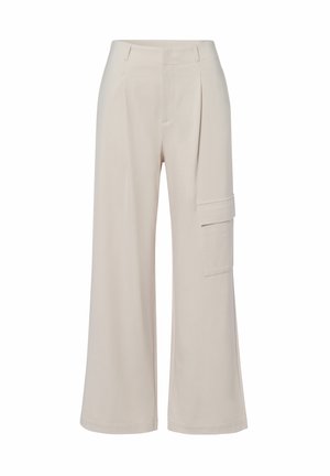 Wijdvallende broek in lichtbeige stof, met voorplooien en een zijvak met cargo-design. Soepele textuur met strakke lijnen en een nette afwerking.