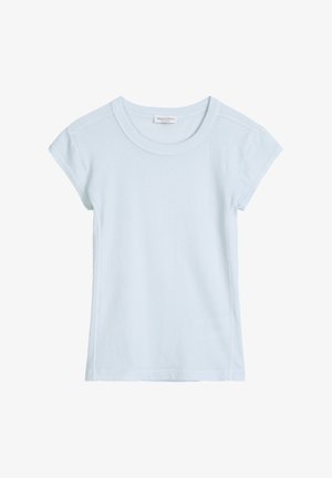 T-shirt bleu clair à manches courtes avec col rond, coupe ajustée, présenté à plat sur un fond blanc.