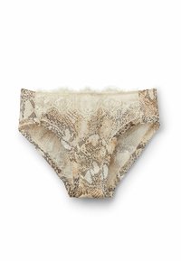 Culottes de bikini pour femmes en tissu à imprimé serpent beige et marron, avec une finition en dentelle crème le long de la taille.