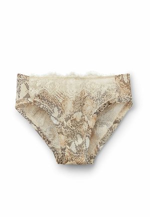 Damen-Bikini-Höschen aus beige- und braunfarbigem Schlangenprintstoff mit cremefarbener Spitzenverzierung am Bund.