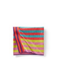 Asciugamano da spiaggia multicolore con strisce orizzontali in turchese, rosa, rosso, verde e arancione. Texture morbida, materiale in cotone, forma rettangolare.