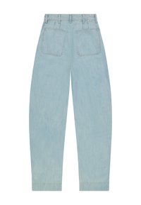 Ανοιχτό μπλε τζιν παντελόνι με ψηλή μέση και ευθύ τελείωμα, με δύο μεγάλες τσέπες στην πλάτη και θηλιές για ζώνη.