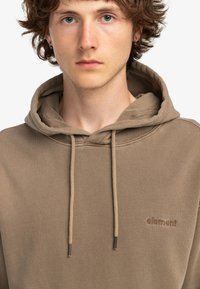Brun hoodie i mjukt tyg, med en framfickor i kängurustil, ribbad nederkant och ärmar, samt en liten, präglad "element"-logotyp på bröstet.
