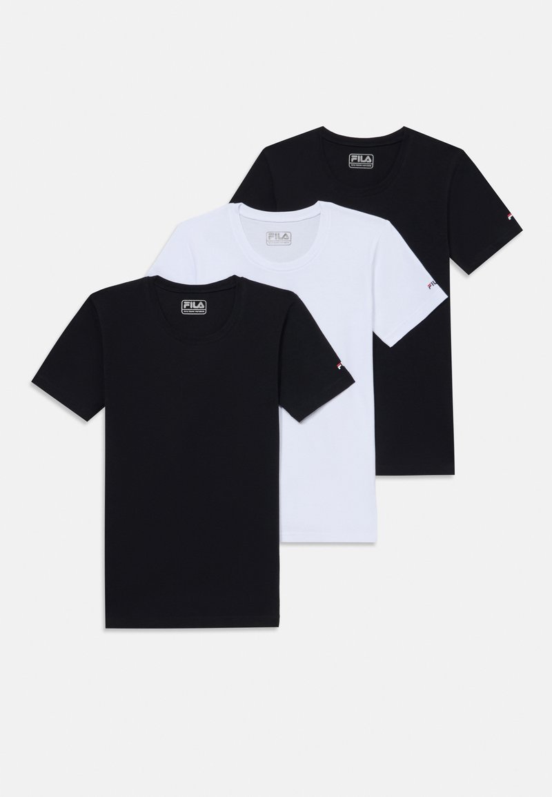 Trys apvalaus kaklo marškiniai - juodi, balti ir juodi, su trumpomis rankovėmis ir mažu logotipu kairėje rankovėje.