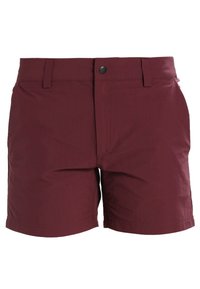 Burgunderfarvede badetights lavet af glat stof, med knaplukning, to forlommer og skarpe kantede kanter.