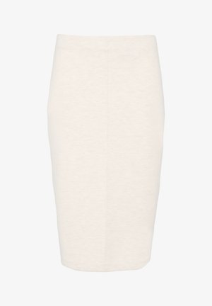 Knee-length pencil skirt in soft cream fabric, featuring a smooth texture, fitted design, and clean lines with no visible hardware.
